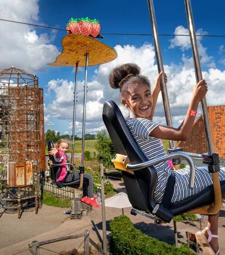 Lachende Kinder in der Erlebnis-Seilbahn Pfannkuchen-Schleuder Zirkow